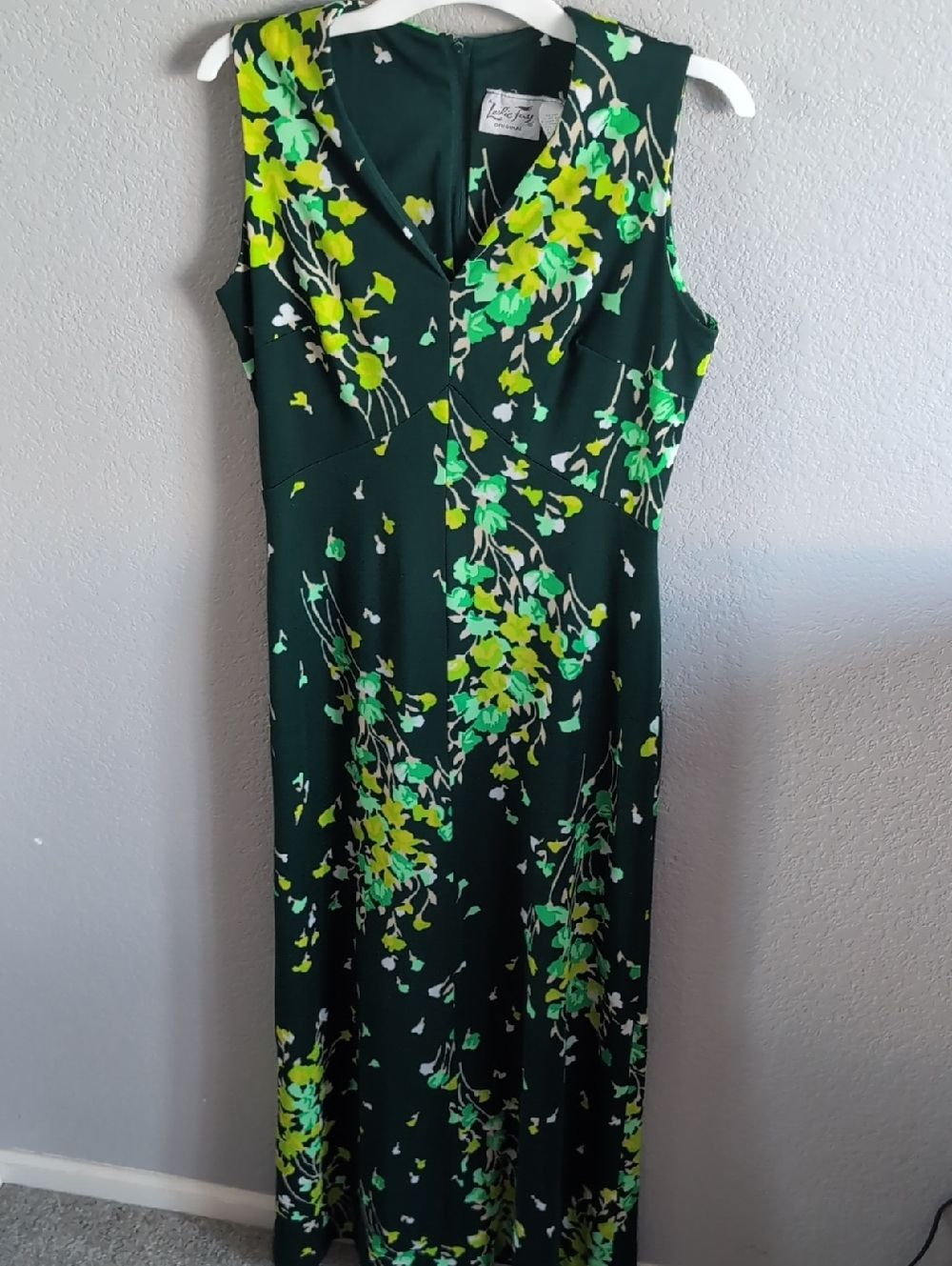 Vintage Leslie Fay Dark Green Floral Maxi Dress with Yellow & Mint Accents